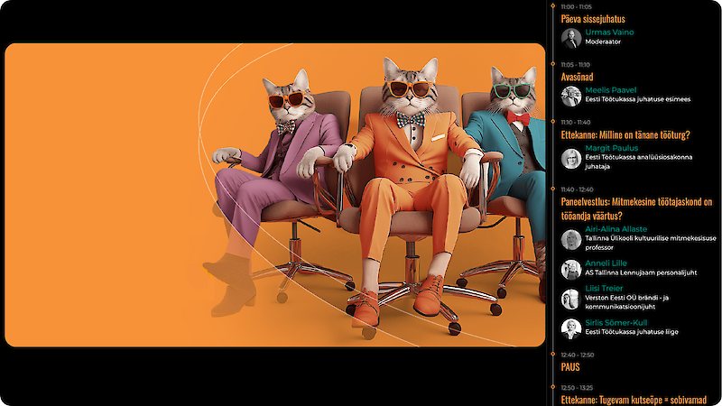 Interaktiivne ajakava ja p&auml;evakord Meie platvorm kuvab teie &uuml;rituse p&auml;evakava interaktiivse ajajoonena koos esinejate ja nende ettekannete teemadega. See formaat v&otilde;imaldab osalejatel h&otilde;lpsasti ajakavas liikuda, m&otilde;ista istungite j&auml;rjekorda ja valida need, mis neid k&otilde;ige rohkem huvitavad. ✓ Navigeerige visuaalse ajajoonega h&otilde;lpsasti sessioonidel