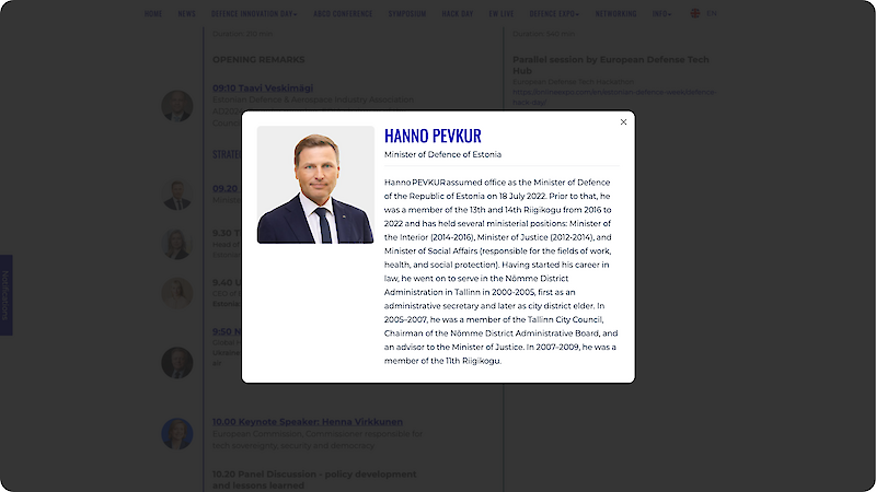 K&otilde;neleja teave teie k&auml;eulatuses Osalejad saavad vaadata &uuml;ksikasjalikku teavet esinejate kohta, sealhulgas nende elulookirjeldusi, ettekandeid ja kokkuv&otilde;tteid. See aitab osalejatel paremini m&otilde;ista esitatava materjali konteksti ja v&auml;&auml;rtust enne istungit ja selle ajal. ✓ Rikkalikud k&otilde;nelejate profiilid koos esitluste &uuml;ksikasjadega