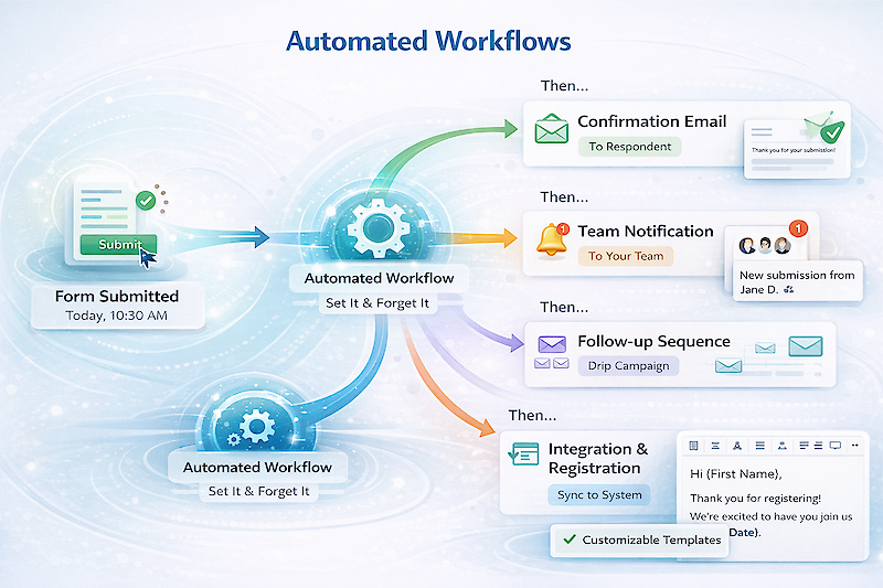 Automated Workflows Set it and forget it. Automatically send confirmation emails to respondents, notify your team of new submissions, trigger follow-up sequences, and integrate form data directly into your registration workflow. ✓&nbsp;Customizable email templates included