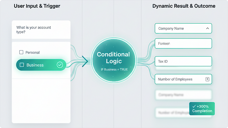 Smart Conditional Logic Create dynamic forms that adapt to each respondent. Show or hide fields based on previous answers, skip irrelevant sections, and create personalized pathways &mdash; making forms feel shorter and more relevant. ✓&nbsp;Increase completion rates by up to 300%