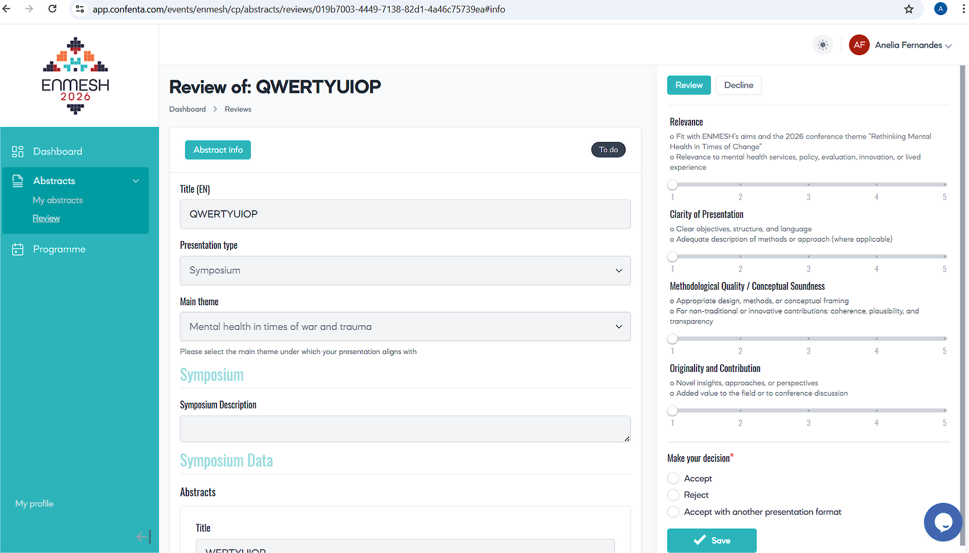 For each assigned abstract, you will be able to: 	view the title, abstract text, presentation type, and thematic area;, assess the submission according to the ENMESH review criteria outlined in the Reviewers Guide;, assign scores for each criterion using a numeric (5-point) scale;, make a recommendation by selecting one of the following options: 	- Accept; 	- Reject; 	- Accept with another presentation format &ndash; should you select this option, a Comment field will open where you will be able to present your concerns and recommendations. This comment will be visible only to the managers.