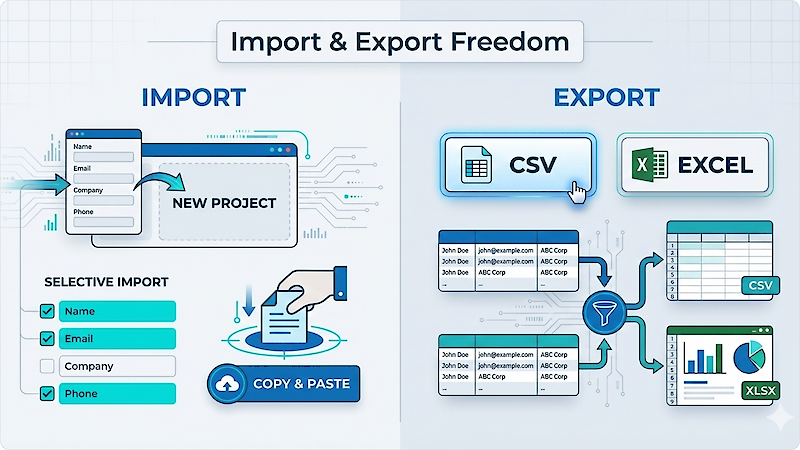 Import & Export Freedom Export entire form definitions to move between projects instantly. Import fields selectively from existing forms to save time. Export all submissions to CSV or Excel for advanced analysis, compliance records, or backup. ✓&nbsp;One-click export to CSV, Excel, or PDF