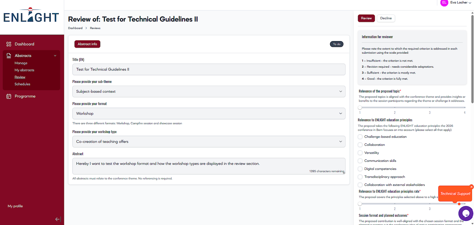 When you select an abstract, you will see the abstract info in the central pane (title, sub-theme, format, and abstract text).&nbsp; In the right-pane, you can&nbsp; 	review or decline the abstract, see the review criteria, assign a score for each criterion, enter your feedback to the author, make a recommendation by selecting 'accept', 'reject', or 'accept with another presentation format', enter a comment. 	Note: Your comments will be visible only to the Conference Team and will not be shared with the authors. Please add any other relevant thoughts and observations as well as the alternative format if you previously selected 'Accept with another presentation format'.