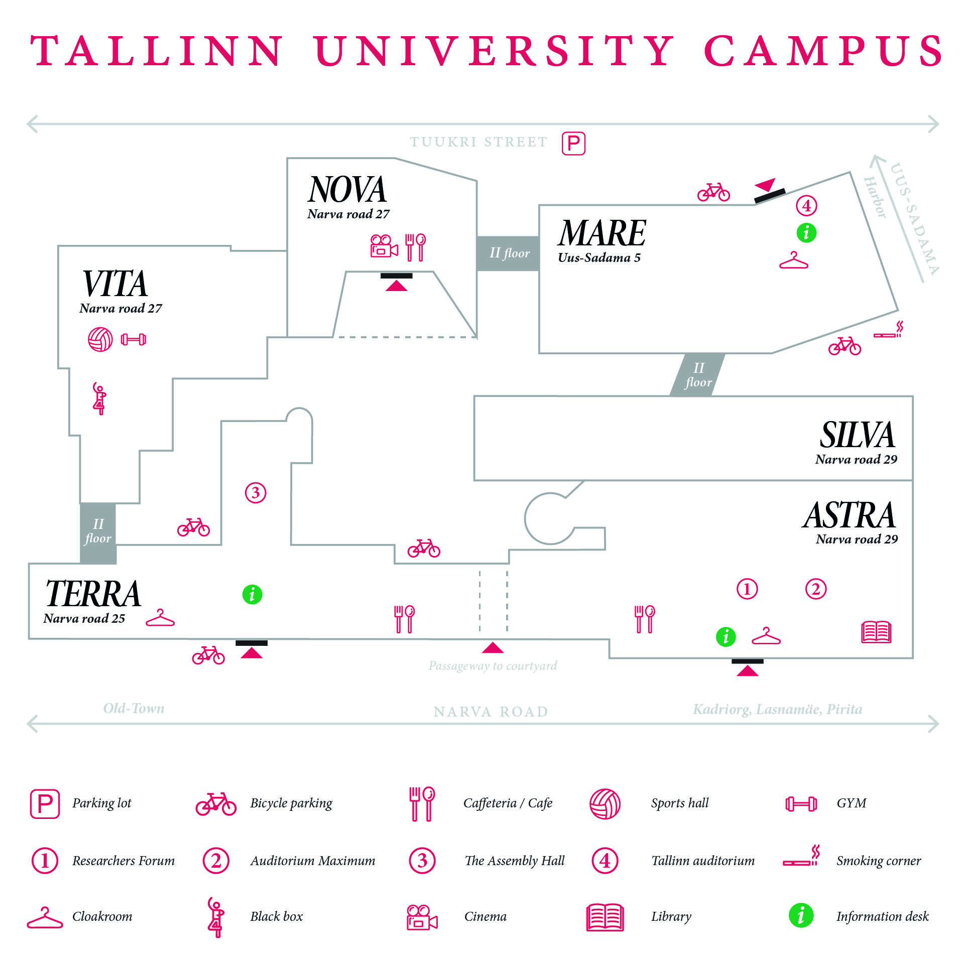 How to get here Getting from the Airport to Tallinn University By Bus 	Routes: From the stop just outside the&nbsp;Arrivals Hall (northern exit), you can take&nbsp;Bus No. 2&nbsp;or&nbsp;Bus No. 15., Travel time: About 20&ndash;25 minutes. 	 		Bus No. 2: Get off at&nbsp;Keskturg&nbsp;and walk approx. 13 minutes to the university., Bus No. 15: Get off at&nbsp;Tornim&auml;e&nbsp;and walk approx. 8 minutes. 	 	 By Taxi (Bolt / Uber) 	Time: Approximately 15&ndash;20 minutes, depending on traffic., Cost: Around 8&ndash;16&euro;., Payment: Bolt and Uber rides can be paid via the app; some taxis may also accept cash. Getting from the Port (Passenger Terminals) to Tallinn University Tallinn&rsquo;s main passenger terminals for ferries from Helsinki and Stockholm are located close to the city center, making the journey to Tallinn University relatively quick and simple. Routes: From terminals D and A, walk to the nearby tram stops and take: By Tram 	 	Tram No. 1 (towards Kadriorg) 	, 	Tram No. 3 (towards Kadriorg) 	 Travel time: About 10&ndash;15 minutes Stop: Get off at &ldquo;Tallinna &Uuml;likool&rdquo; &mdash; the university is right next to the stop. By Bus Routes: From stops near the port area, you can take: 	 	Bus No. 2 (towards M&otilde;igu) 	 Travel time: About 15&ndash;20 minutes Stop: Get off at &ldquo;Tornim&auml;e&rdquo; and walk approx. 8&ndash;10 minutes to the university. By Taxi (Bolt / Uber) Time: Approximately 5&ndash;10 minutes, depending on traffic Cost: Around 5&ndash;10&euro; By Walking&nbsp;(depending on the arrival terminal) Distance: 500 m &ndash; 2 km Time: About 10&ndash;25 minutes&nbsp;